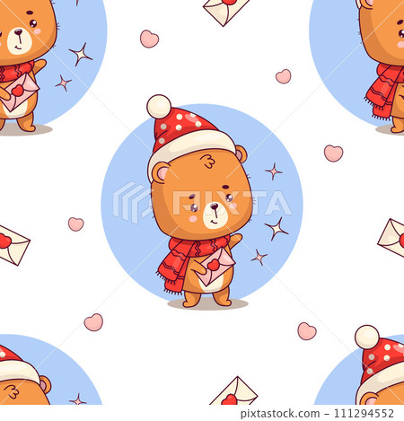 Seamless pattern with cute bear cub with love letter on white background. Funny kawaii winter animal character. Vector illustration. Holiday romantic valentine backdrop. Kids collection Seamless pattern with cute bear cub with love letter on white background. Funny kawaii winter animal character. Vector illustration. Holiday romantic valentine backdrop. Kids collection 111294552