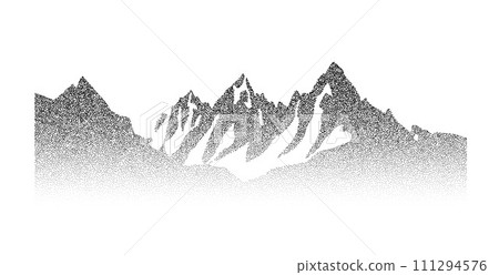 Grain stippled mountain range illustration. Dotted landscape terrain silhouette. Black white grainy hill chain. Grunge noise mount peak background. Pointillism texture wallpaper. Dot work style vector Grain stippled mountain range illustration. Dotted landscape terrain silhouette. Black white grainy hill chain. Grunge noise mount peak background. Pointillism texture wallpaper. Dot work style vector 111294576