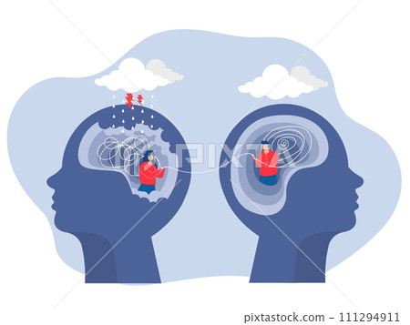 Psychological help and psycho therapy for mental health or The opposite mindset chaos and order in thoughts, Businessman Problem solution as complete difficult and messy task person 111294911