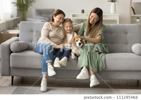 Happy senior grandma, mom and little kid girl stroking dog 111295468