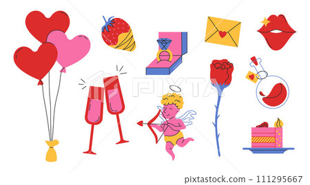 Set of Valentine's day doodle illustrations. Cute retro objects. Hand drawn elements about love. Vector collection 111295667