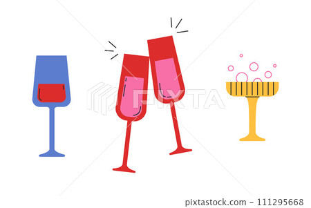 Set of other wineglasses. For wine and champagne. Vector illustration in a flat style. Groovy style. For stickers, cards design 111295668