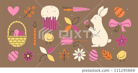 Cute natural set for Happy Easter. Rabbit, eggs, flowers and chicks. Trendy minimalistic holiday vector illustrations. Website decoration 111295669