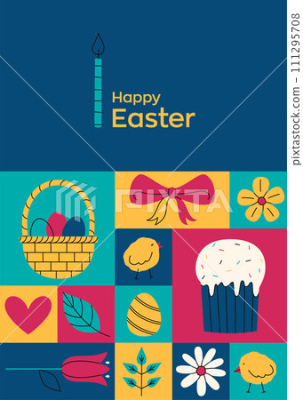 Geometric colorful greeting card for Happy Easter with holiday icons. Trendy minimalistic holiday vector illustrations. Website decoration 111295708