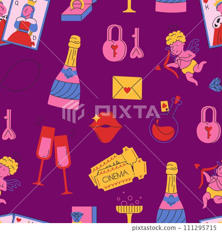Seamless pattern to Valentine's day. Cute doodle illustrations. Retro style. Vector illustration. Good for gift paper, posters, cards, prints 111295715