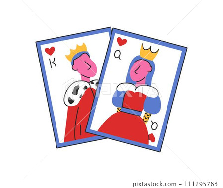 Playing card with king and queen in a flat style. Valentine's day doodle vector illustrations isolated on white background Playing card with king and queen in a flat style. Valentine's day doodle vector illustrations isolated on white background 111295763