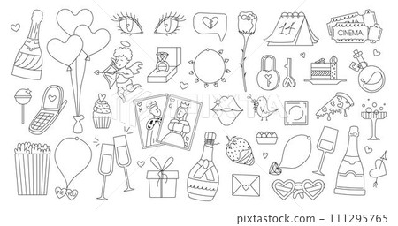 Set of cute hand drawn elements about love. Happy Valentine's Day vector illustration. Doodle style 111295765
