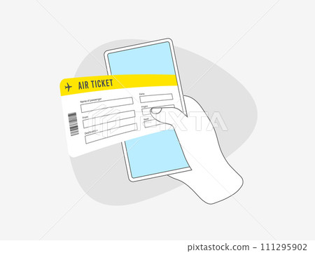 Simplify travel with mobile booking. Book airline tickets via mobile phone app for seamless and secure travel experience. Mobile booking outline vector illustration isolated on white background 111295902