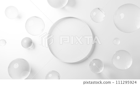 Transparent spherical glass and circular pedestal on a white background. Overhead view. 3D (horizontal) 111295924