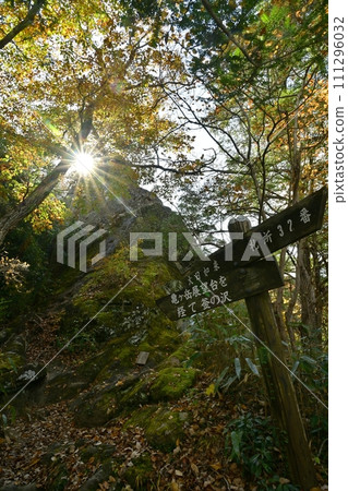 A rock mass with a statue of Dainichi Nyorai on the guidepost at the southern end of the narrow ridge of Ofunaiwa in Okunoin of Chichibu Temple No. 32 Hoshoji Temple. 111296032
