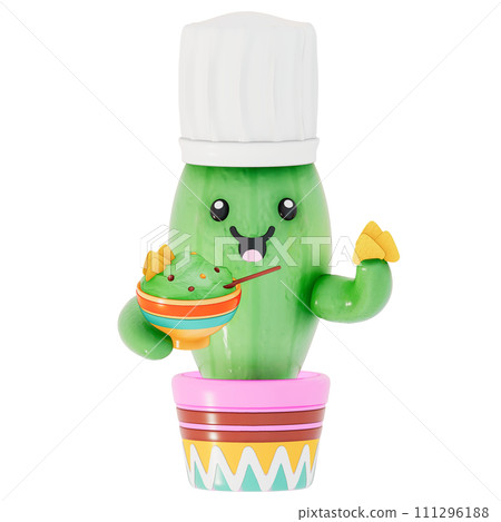 Cinco De Mayo , Cute Cactus Wearing a chef's hat with holding a bowl of guacamole and tortilla chips on transparent background , 3D Rendering 111296188
