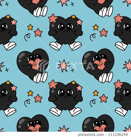 black heart hug heart cartoon mascot groovy Seamless pattern y2k retro style 90s psychedelic minimal for valentine day background wallpaper book cover black heart hug heart cartoon mascot groovy Seamless pattern y2k retro style 90s psychedelic minimal for valentine day background wallpaper book cover 111296244