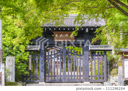 Early summer in Kyoto, Jojakkoji Temple, Sanmon gate surrounded by fresh greenery 111296284