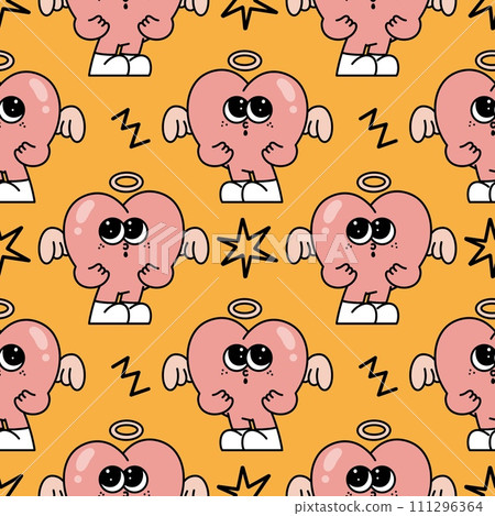 Pink heart angel cartoon mascot groovy Seamless pattern y2k retro style 90s psychedelic minimal for valentine day background wallpaper book cover Pink heart angel cartoon mascot groovy Seamless pattern y2k retro style 90s psychedelic minimal for valentine day background wallpaper book cover 111296364