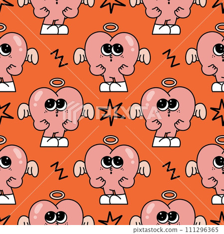 Pink heart angel cartoon mascot groovy Seamless pattern y2k retro style 90s psychedelic minimal for valentine day background wallpaper book cover Pink heart angel cartoon mascot groovy Seamless pattern y2k retro style 90s psychedelic minimal for valentine day background wallpaper book cover 111296365