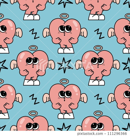 Pink heart angel cartoon mascot groovy Seamless pattern y2k retro style 90s psychedelic minimal for valentine day background wallpaper book cover Pink heart angel cartoon mascot groovy Seamless pattern y2k retro style 90s psychedelic minimal for valentine day background wallpaper book cover 111296366