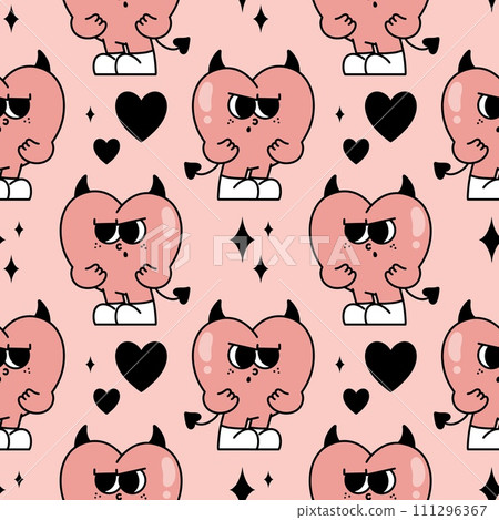 Pink heart devil cartoon mascot groovy Seamless pattern y2k retro style 90s psychedelic minimal for valentine day background wallpaper book cover Pink heart devil cartoon mascot groovy Seamless pattern y2k retro style 90s psychedelic minimal for valentine day background wallpaper book cover 111296367