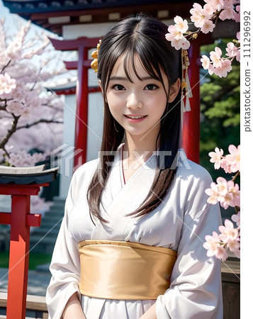 A woman in a white kimono and hairpin standing in front of the torii gate of a shrine A woman in a white kimono and hairpin standing in front of the torii gate of a shrine 111296992