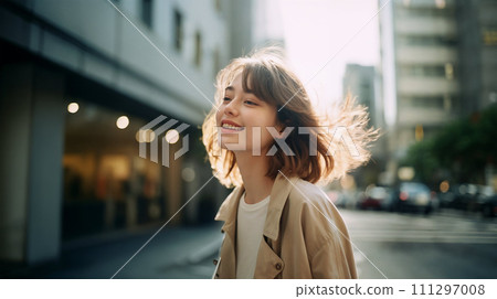 帶著微笑在城裡散步的年輕女子 111297008
