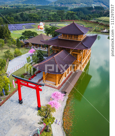Aerial views of Japanese theme park Hinoki Land in Chai Prakan District, Chiang Mai, Thailand Aerial views of Japanese theme park Hinoki Land in Chai Prakan District, Chiang Mai, Thailand 111297037