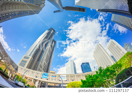 Shinjuku high-rise building district, fresh greenery and blue sky 111297137