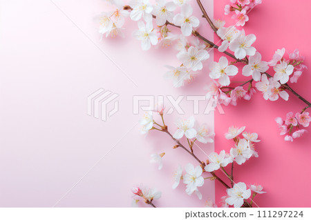 粉紅色背景上的框架與櫻花樹枝 粉紅色背景上的框架與櫻花樹枝 111297224