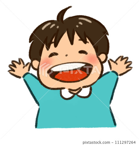 A boy smiling with his mouth open, upper body 111297264