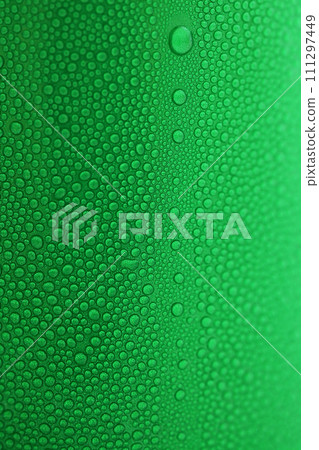 water drop on green beverage cans background, texture of cold aluminium package water drop on green beverage cans background, texture of cold aluminium package 111297449