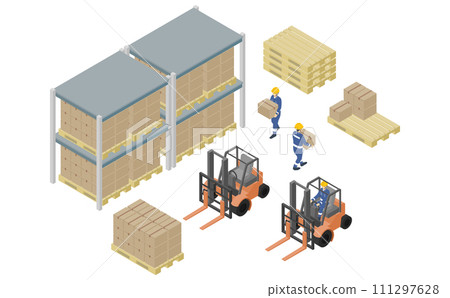Isometric illustration: forklift and warehouse Isometric illustration: forklift and warehouse 111297628