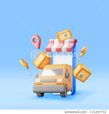 3D Delivery Van and Cardboard Boxes in Smartphone 3D Delivery Van and Cardboard Boxes in Smartphone 111297732