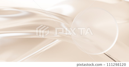 米色背景上的透明玻璃圓圈和布料。複製空間。 3D（水平） 111298120
