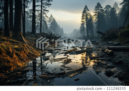 Foggy morning on the river in the coniferous forest. Generative AI 111298335