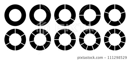 Circle divided into 1-10 parts in black color. Hollow circle segmented into 1-10 parts diagram graph icon set. Pie shape section chart in ten parts black colour. Hollow circle divided in ten parts. 111298529
