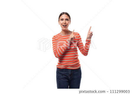A 30-year-old pretty woman, dressed in a casual orange sweater, points her fingers in surprise A 30-year-old pretty woman, dressed in a casual orange sweater, points her fingers in surprise 111299003