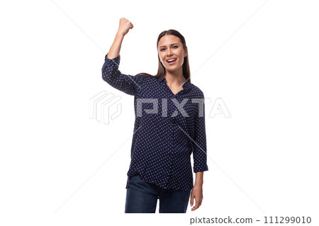 young european slender brunette woman in blue clothes feels joy young european slender brunette woman in blue clothes feels joy 111299010