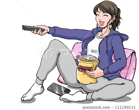 Young woman leaning on a cushion and laughing out loud while watching TV_A young woman relaxing after returning home Young woman leaning on a cushion and laughing out loud while watching TV_A young woman relaxing after returning home 111299131
