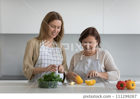 Positive senior mom and adult daughter cooking in home kitchen 111299267