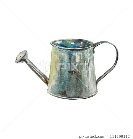 Garden watering can, watercolor, metal. Illustration isolated on white background. Cards, invitations, covers, garden banners, labels. 111299312