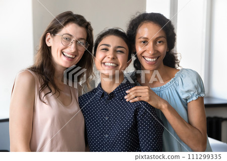 Happy multiethnic office female friends having fun together 111299335