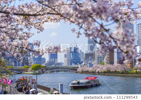 Aqua City Osaka, along the Okawa River, Tenmabashi Bridge and cherry blossoms in full bloom 111299543