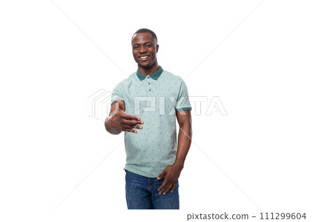 young handsome smiling african man dressed casually extends his hand for acquaintance 111299604