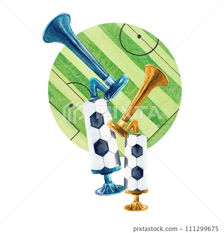 Soccer football field horn watercolor drawing. Green pitch line pentagon ball tube. Sports gear train team. Match diagram fan. Design stadium world. Oval gridiron surface whistle diagram vuvuzella Soccer football field horn watercolor drawing. Green pitch line pentagon ball tube. Sports gear train team. Match diagram fan. Design stadium world. Oval gridiron surface whistle diagram vuvuzella 111299675