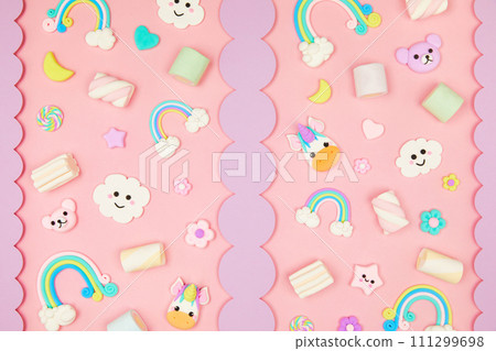 pastel pink kawaii background with cute cartoon animals, unicorns, rainbows pastel pink kawaii background with cute cartoon animals, unicorns, rainbows 111299698
