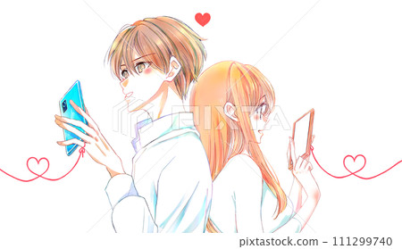 A man and a woman standing back to back operating a smartphone, red thread A man and a woman standing back to back operating a smartphone, red thread 111299740