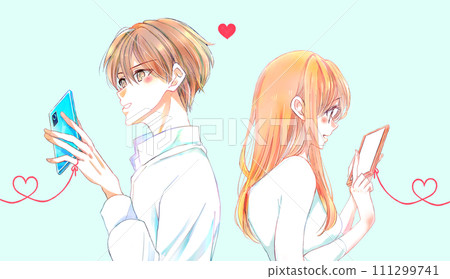A man and a woman standing back to back operating smartphones 111299741