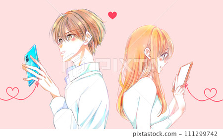 A man and a woman standing back to back operating smartphones A man and a woman standing back to back operating smartphones 111299742