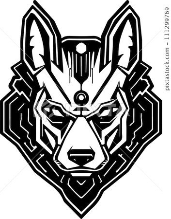 Modern strict logo template of abstract dog, wolf head. Vector illustration of wolf or dog for print, poster or logo Modern strict logo template of abstract dog, wolf head. Vector illustration of wolf or dog for print, poster or logo 111299769