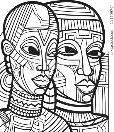 Abstract art vector outline illustration of couple, man and woman portrait. Black and white coloring page of human faces. Abstract art vector outline illustration of couple, man and woman portrait. Black and white coloring page of human faces. 111299794