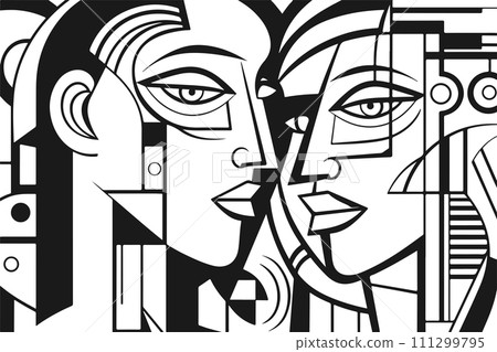 Abstract art vector outline illustration of couple, man and woman portrait. Black and white coloring page of human faces. 111299795