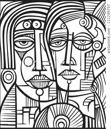 Abstract art vector outline illustration of couple, man and woman portrait. Black and white coloring page of human faces. 111299797